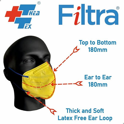 FILTRA® FFP1 Particulate Respirator Mask | Yellow Mask with Blue Ear Loops | Box of 50 Masks