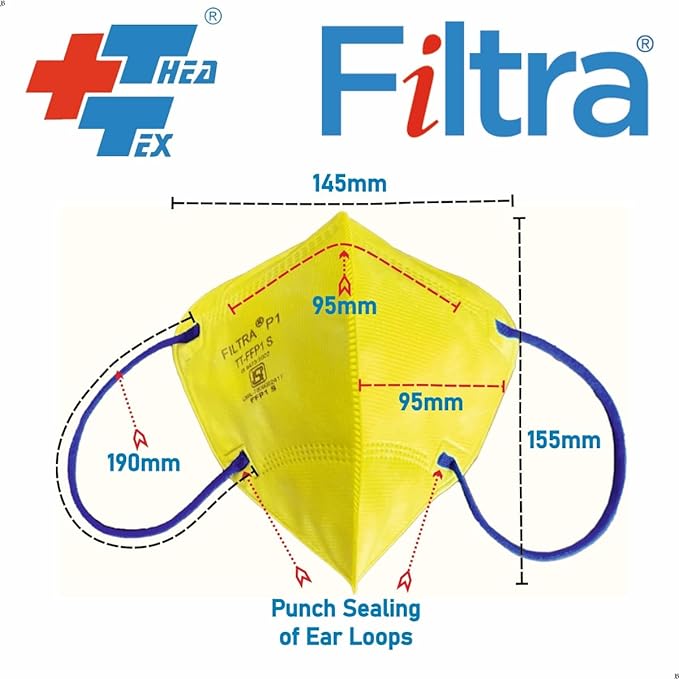 FILTRA® FFP1 Particulate Respirator Mask | Yellow Mask with Blue Ear Loops | Box of 50 Masks