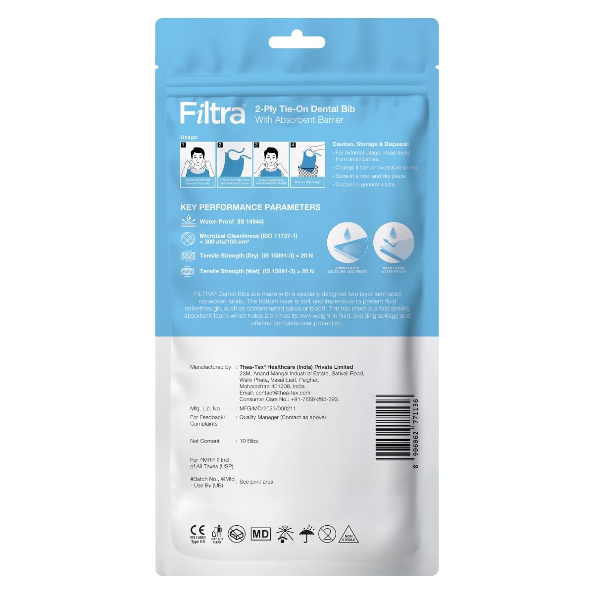 Filtra disposable 2-Ply Tie-On Dental Bib for hygiene, medical, and industrial use, durable and protective.