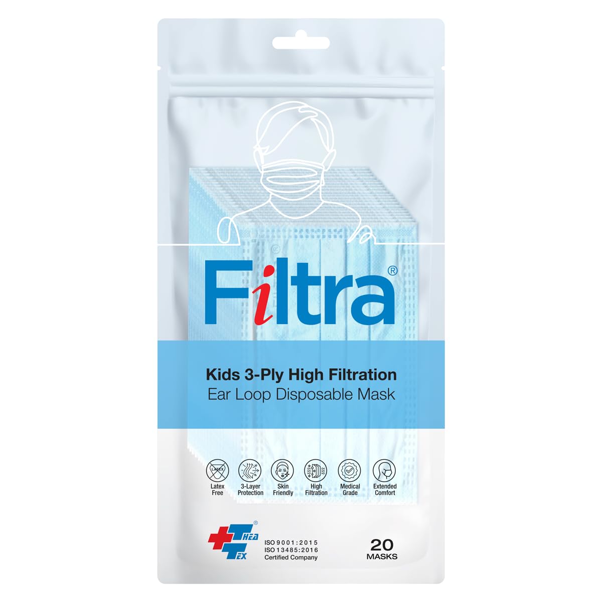 FILTRA® 3-Ply Ear Loop Kids Mask  | Blue | Pouch of 20 Pcs Masks