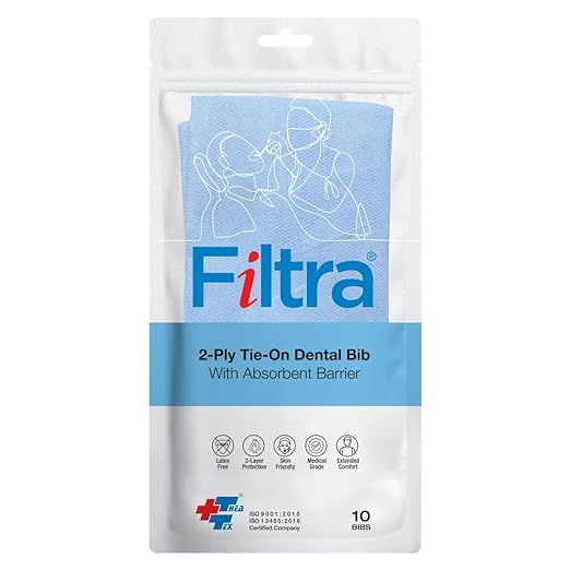 FILTRA® Disposable Dental Bib with Neck Ties | Blue | Zip Lock Pouch of 10 Bibs