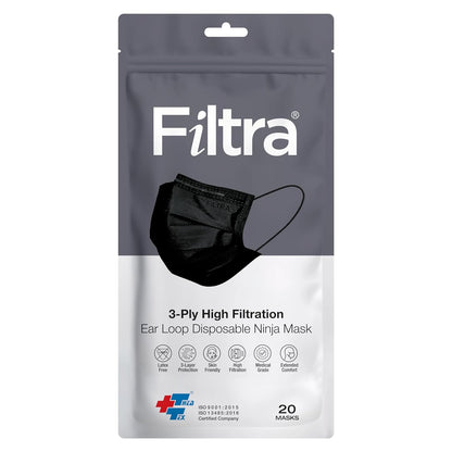 A package of FILTRA 3-Ply High Filtration Ear Loop Disposable Ninja Masks, containing 20 black masks.