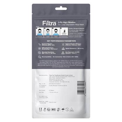 A package of FILTRA 3-Ply High Filtration Ear Loop Disposable Ninja Masks, showing key performance parameters and manufacturing information.