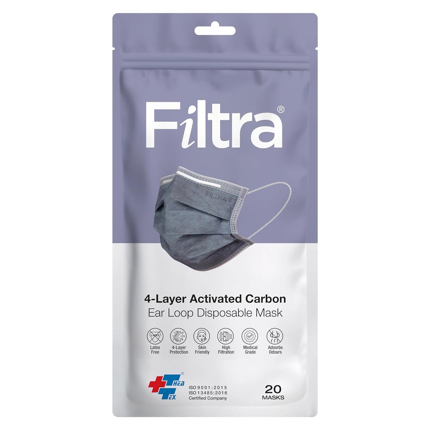 FILTRA® 4-Ply Ear Loop Activated Carbon Mask | Grey | Pouch of 20+Box of 50 Masks