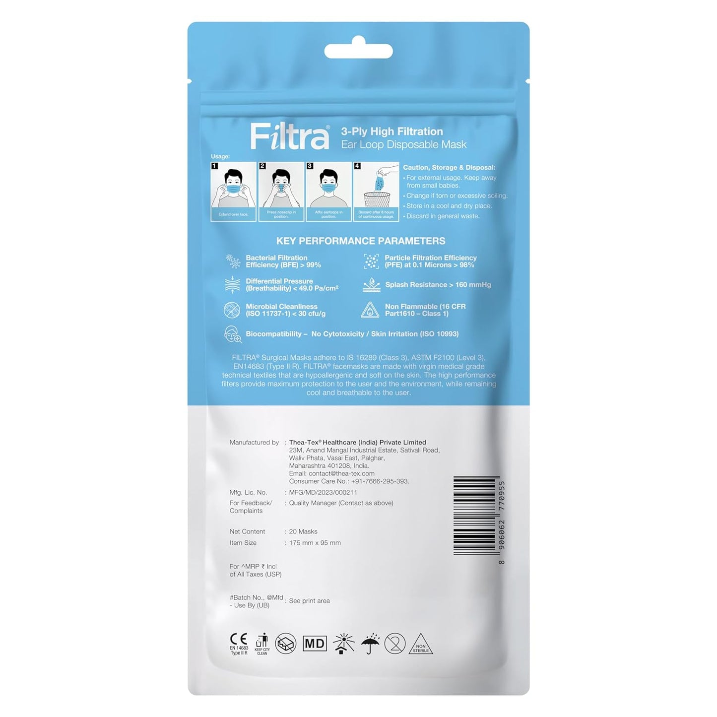 A package of FILTRA 3-Ply High Filtration Ear Loop Disposable Masks, showing key performance parameters and manufacturing information.