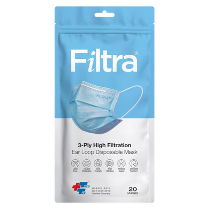 Filtra 3-ply high filtration ear loop disposable mask pack, containing 20 blue masks, with various safety icons displayed.