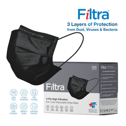 FILTRA® 3-Ply Ear Loop Surgical Mask | Black |Pouch of 20+Box of 100 Masks