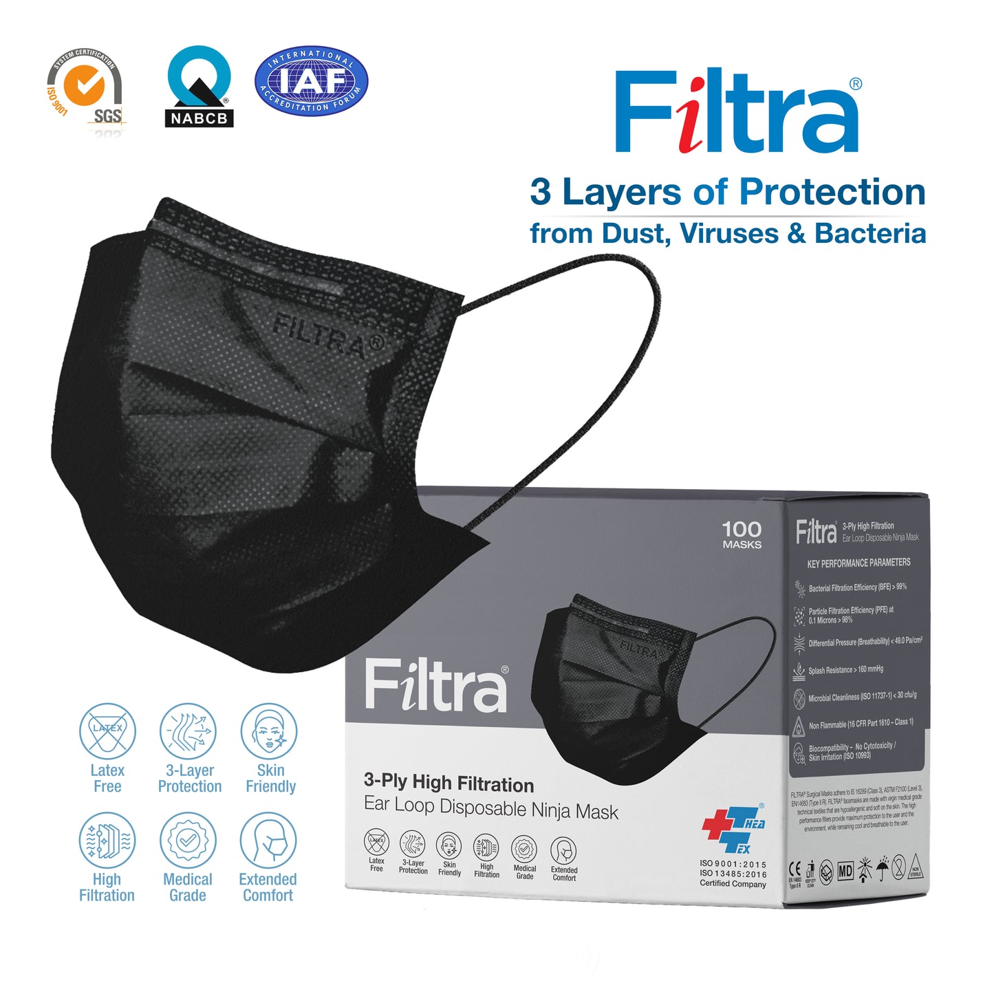Black 3-Ply Ear Loop Surgical Mask Pouch of 20+Box of 100 Masks