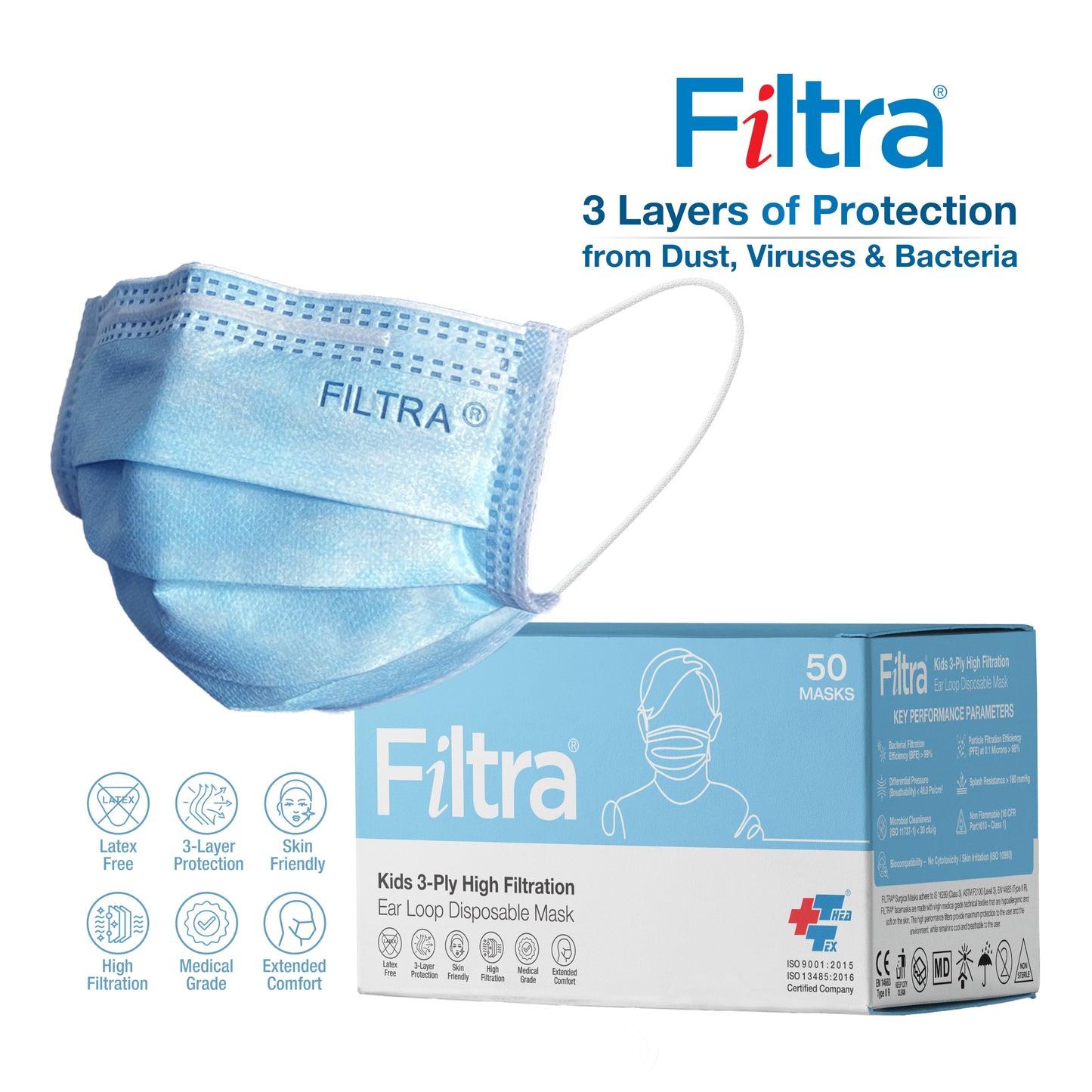 FILTRA® 3-Ply Ear Loop Kids Mask | Blue | Box of 50 Masks