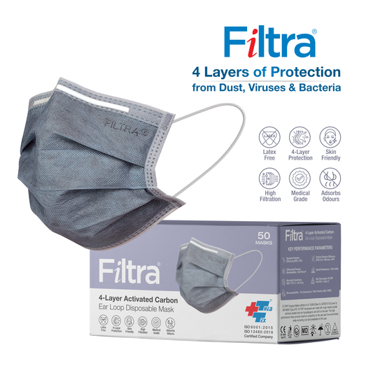 Image showing a Filtra 4-layer activated carbon Ear Loop Disposable Mask and it's box pack containing 50 masks
