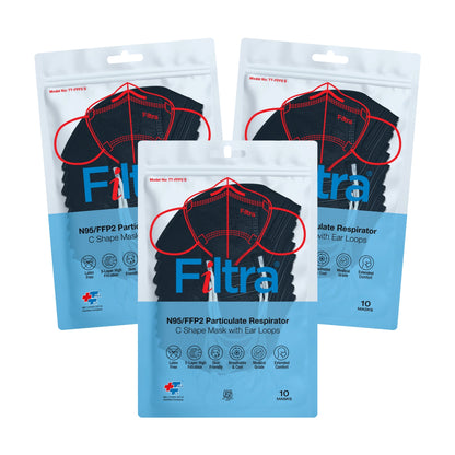 FILTRA® N95 Mask with Ear Loops | Black | Zip Lock Pouch of 10 Masks | [10 count (Pack of 3)]