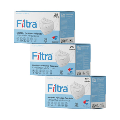 FILTRA® N95 Mask with Ear Loops | White | Pack of 3 Boxes X 25 Masks