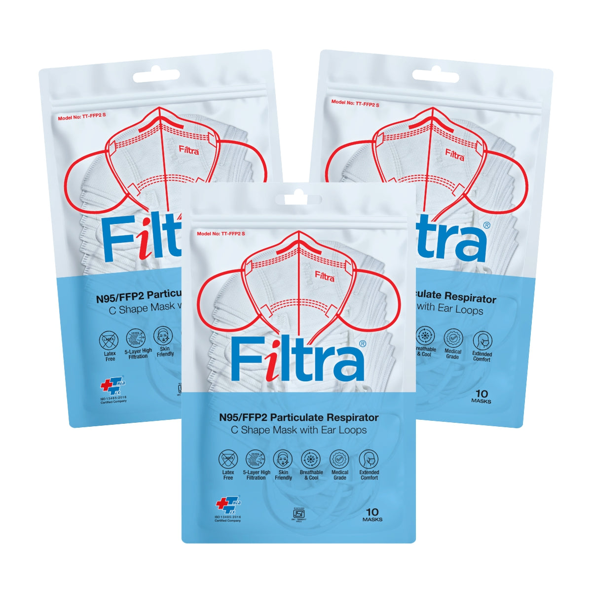 FILTRA® N95 Mask with Ear Loops | White | Zip Lock Pouch of 10 Masks | [10 count (Pack of 3)]