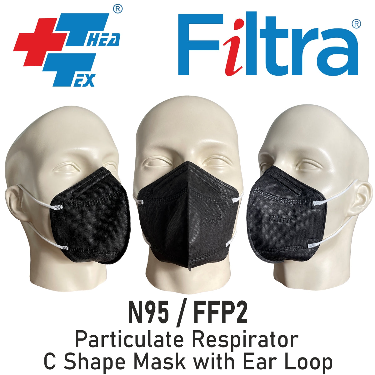 FILTRA® 3-Ply Ear Loop Surgical Mask & N95 Mask with Ear Loops | Black+Black |Pouch of 20+Pouch of 10 Masks