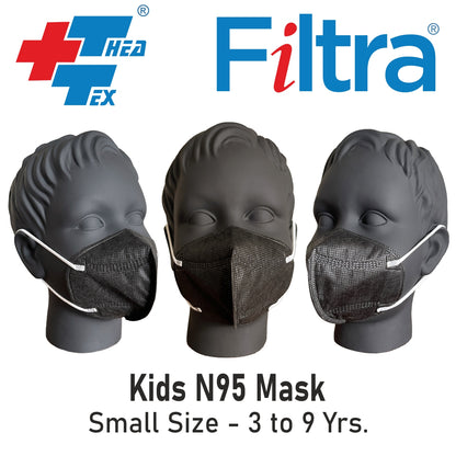 Filtra black N95 mask for kids with C-shaped ear loops for a secure and comfortable fit. 4o mini