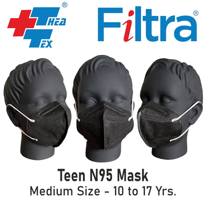 Filtra black N95 mask for teens with C-shaped ear loops for a comfortable fit.