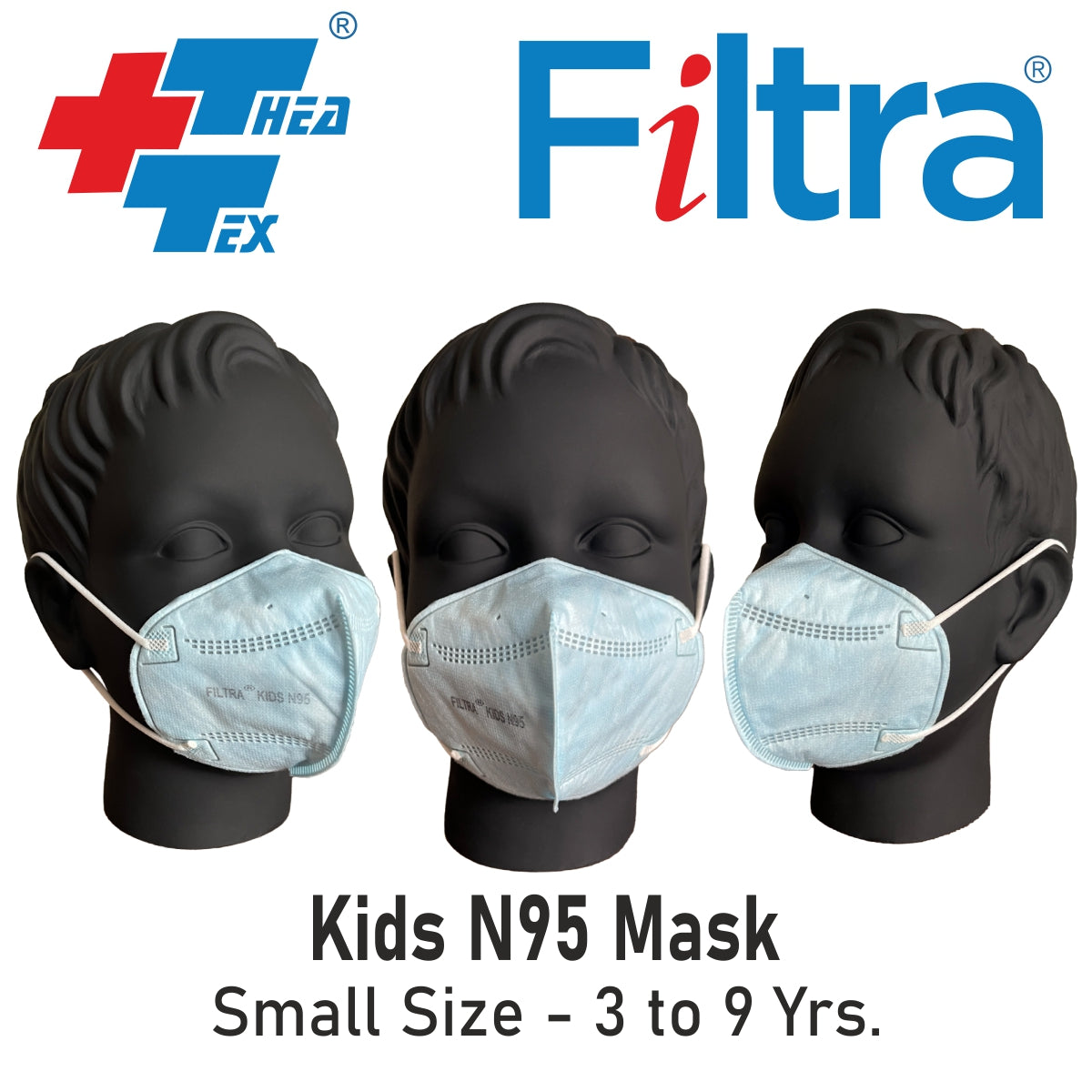 Filtra blue N95 mask for kids with C-shaped ear loops, offering secure protection.