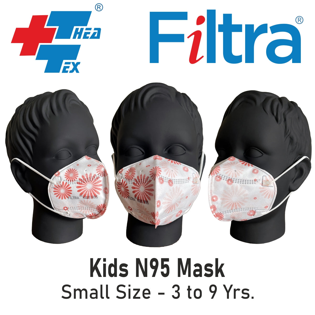 Filtra floral pink N95 mask for kids with C-shaped ear loops for a comfortable fit.