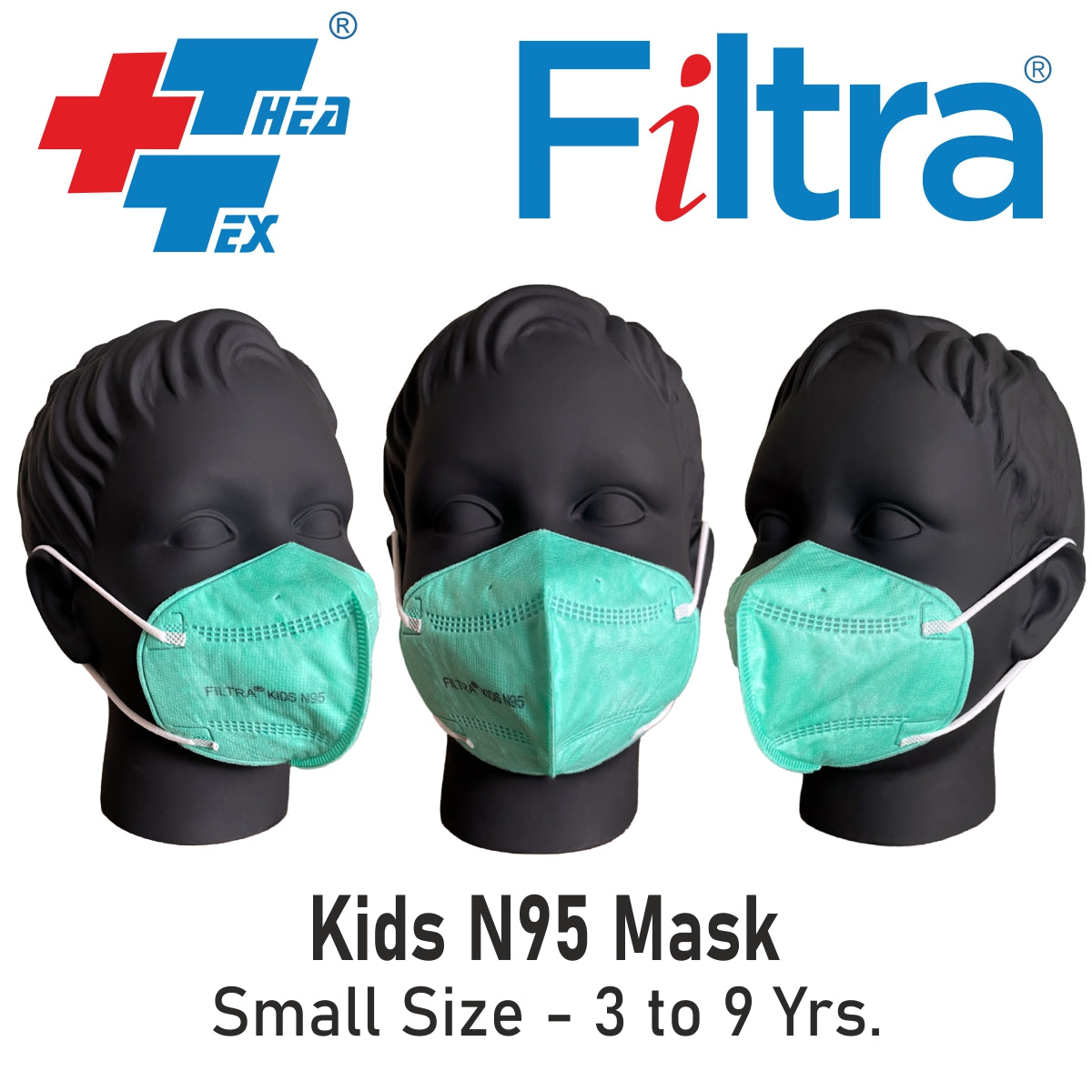 Filtra green N95 mask for kids with C-shaped ear loops for a snug, secure fit.