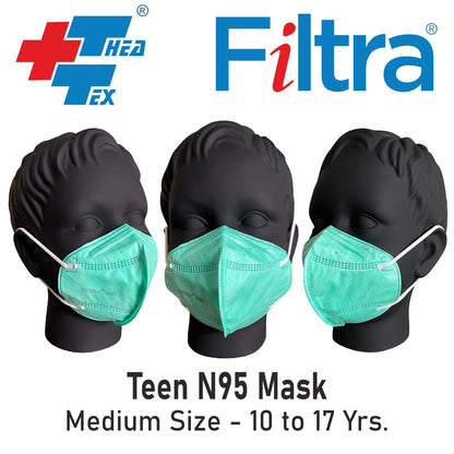 Filtra green N95 mask for teens with C-shaped ear loops, ensuring a secure fit.