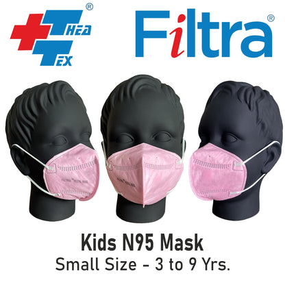 Filtra pink N95 mask for kids with C-shaped ear loops, providing a secure fit.