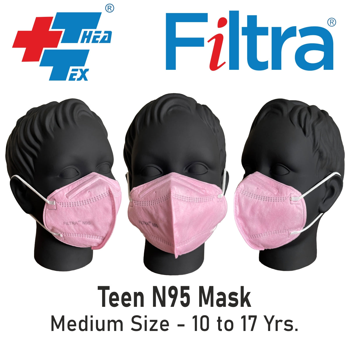 Filtra pink N95 mask for teens featuring C-shaped ear loops for a snug fit.