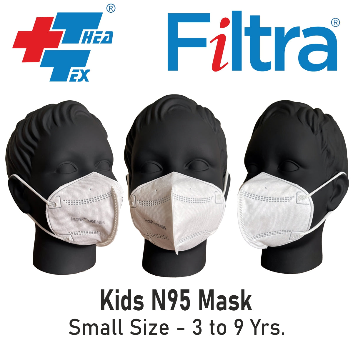 Filtra white N95 mask for kids with C-shaped ear loops, ensuring comfort and safety.