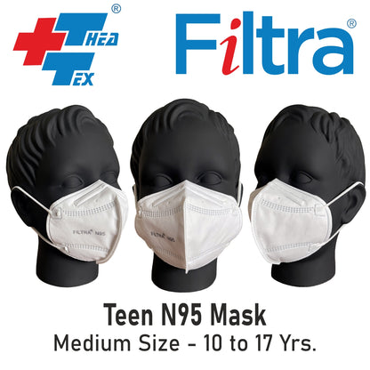 Filtra white N95 mask for teens with C-shaped ear loops for comfort and security.