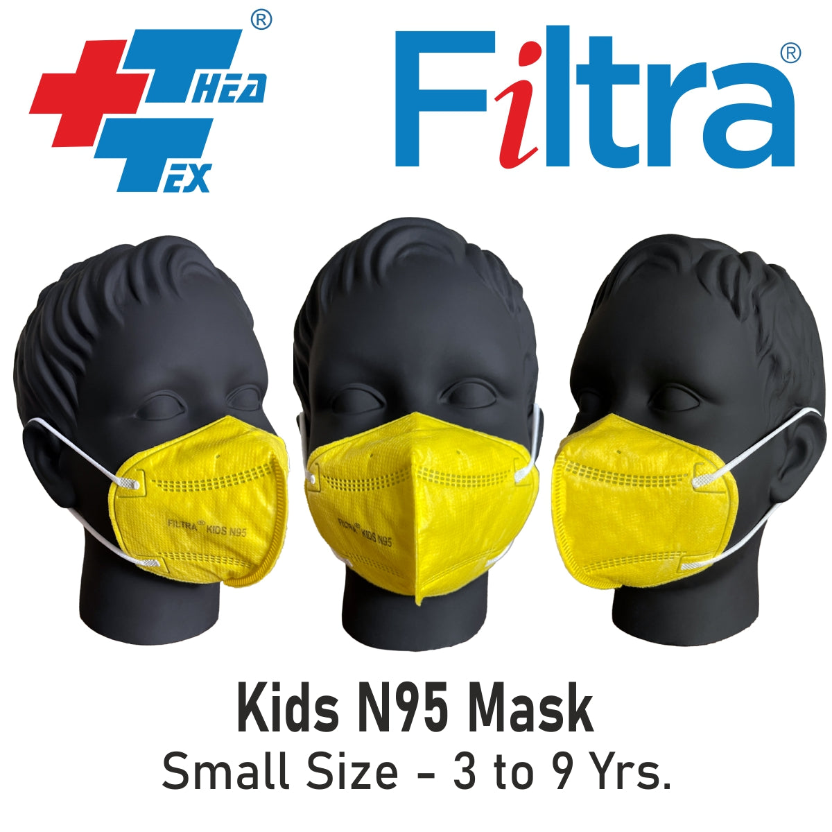 Filtra yellow N95 mask for kids with C-shaped ear loops for a snug and secure fit.