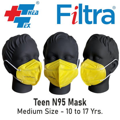 Filtra yellow N95 mask for teens with C-shaped ear loops for secure fit.