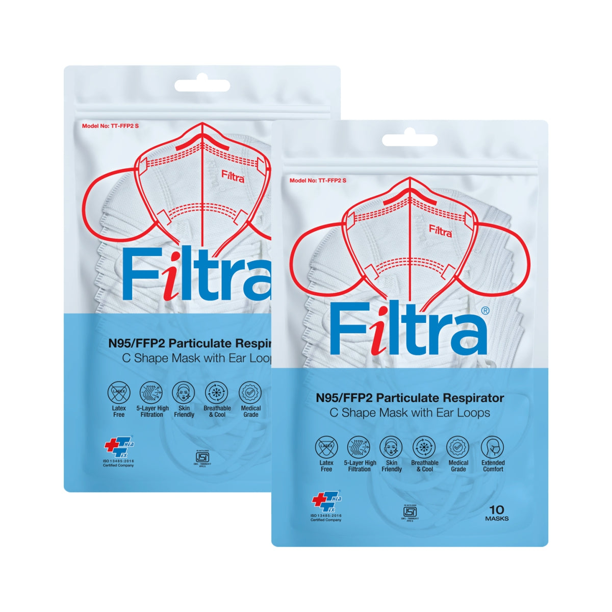 FILTRA® N95 Mask with Ear Loops | White | Pouch of 10 Masks