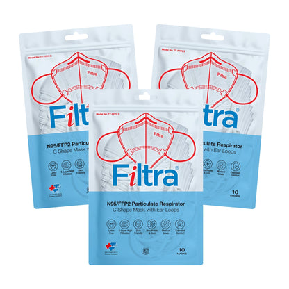 FILTRA® N95 Mask with Ear Loops | White | Pouch of 10 Masks