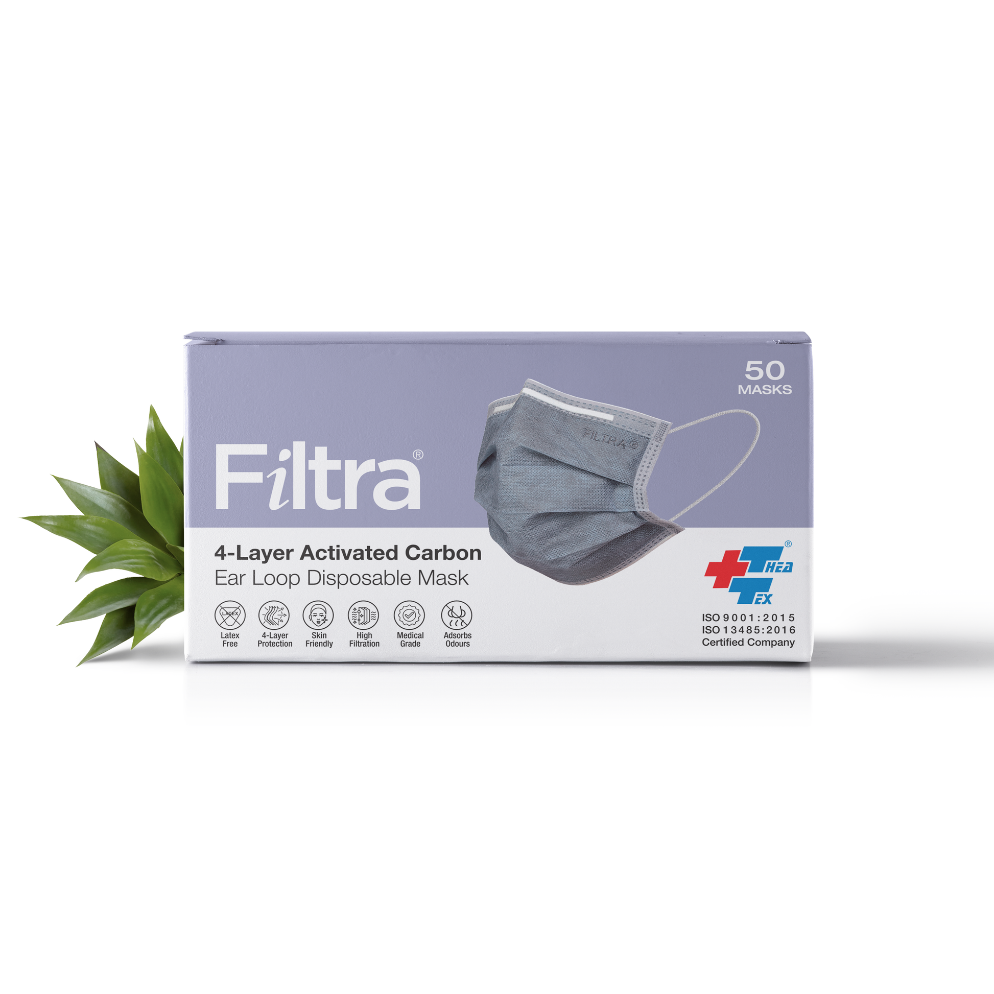 Box of Filtra brand 4-layer activated carbon ear loop disposable masks, containing 50 masks, with plant decoration.