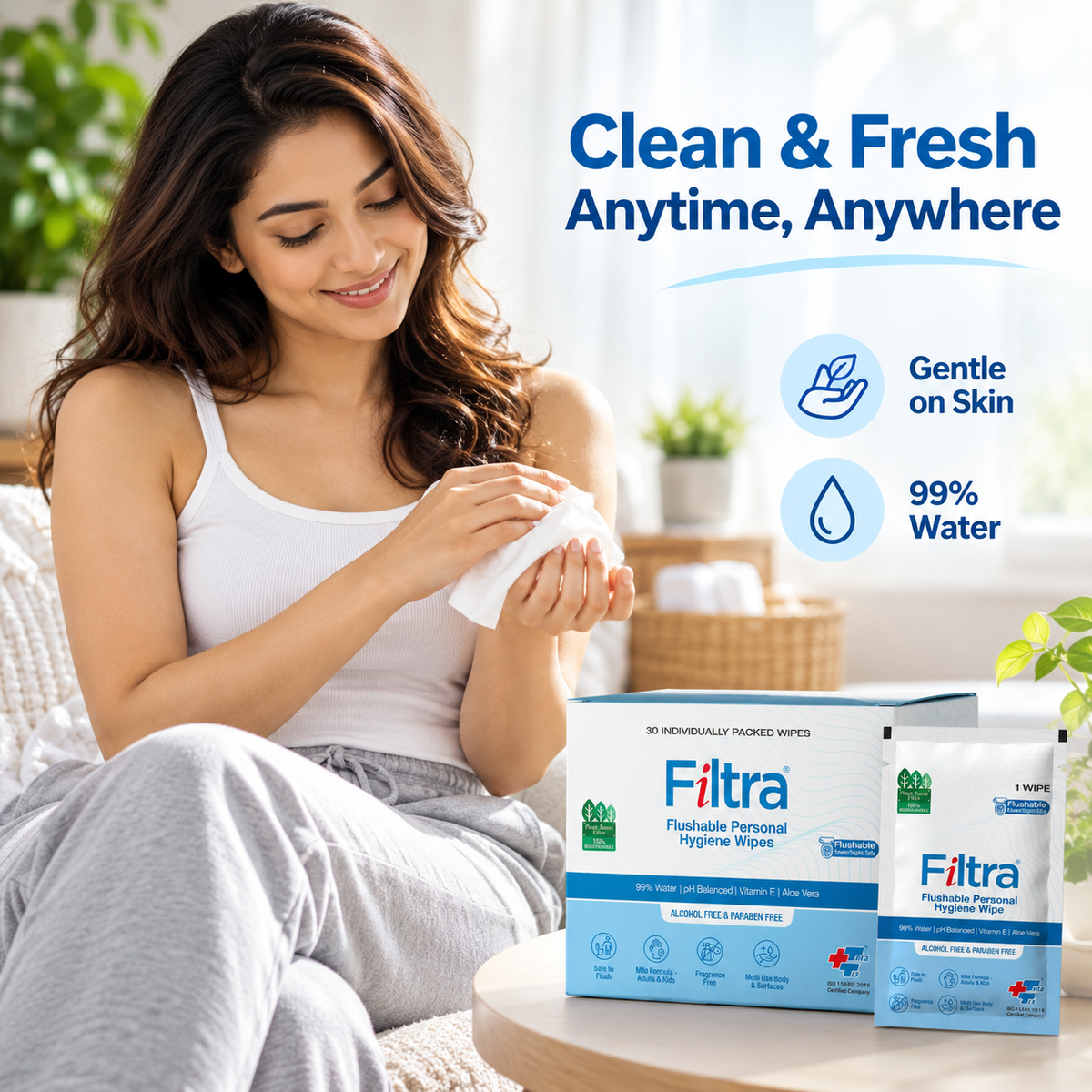 Flushable Personal Hygiene Wipes-Box of 30 Single Sachets