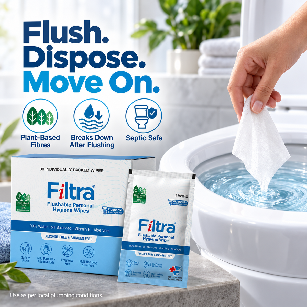 Flushable Personal Hygiene Wipes-Box of 30 Single Sachets