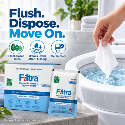 Flushable Personal Hygiene Wipes-Box of 30 Single Sachets