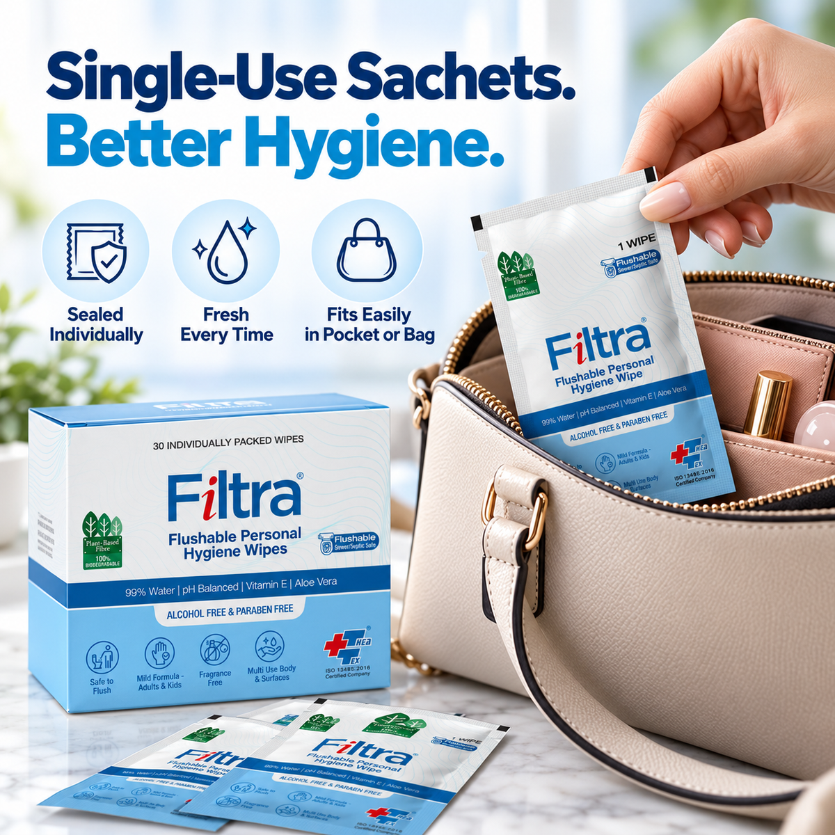 Flushable Personal Hygiene Wipes-Box of 30 Single Sachets