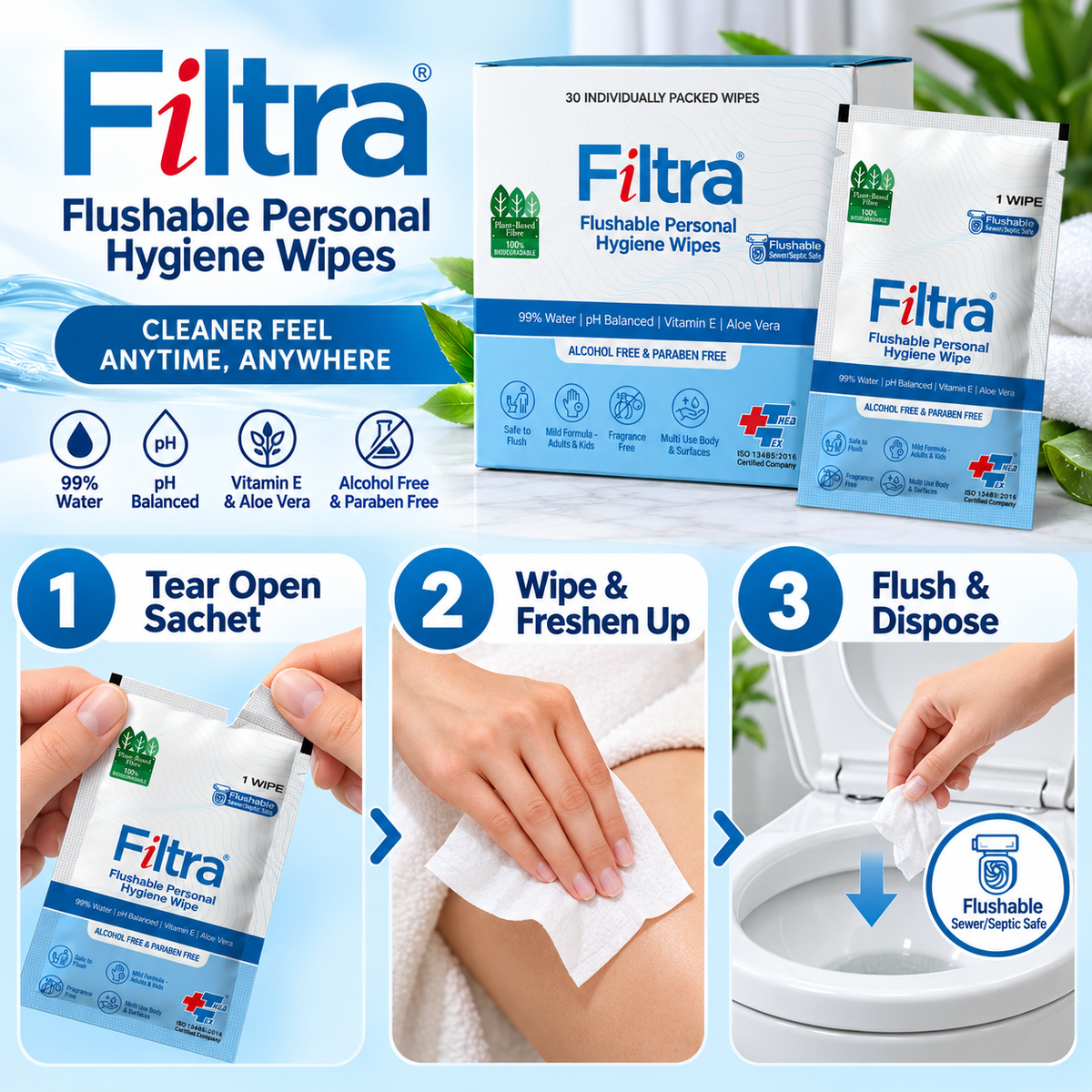 Flushable Personal Hygiene Wipes-Box of 30 Single Sachets