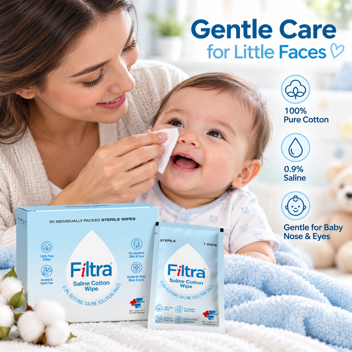 Sterile Saline Cotton Wipes-Box of 30 Single Sachets