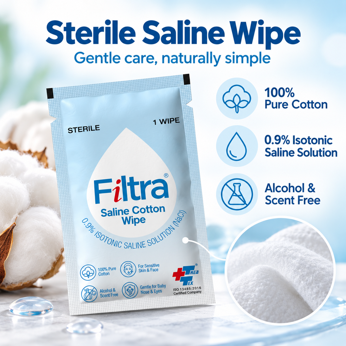 Sterile Saline Cotton Wipes-Box of 30 Single Sachets
