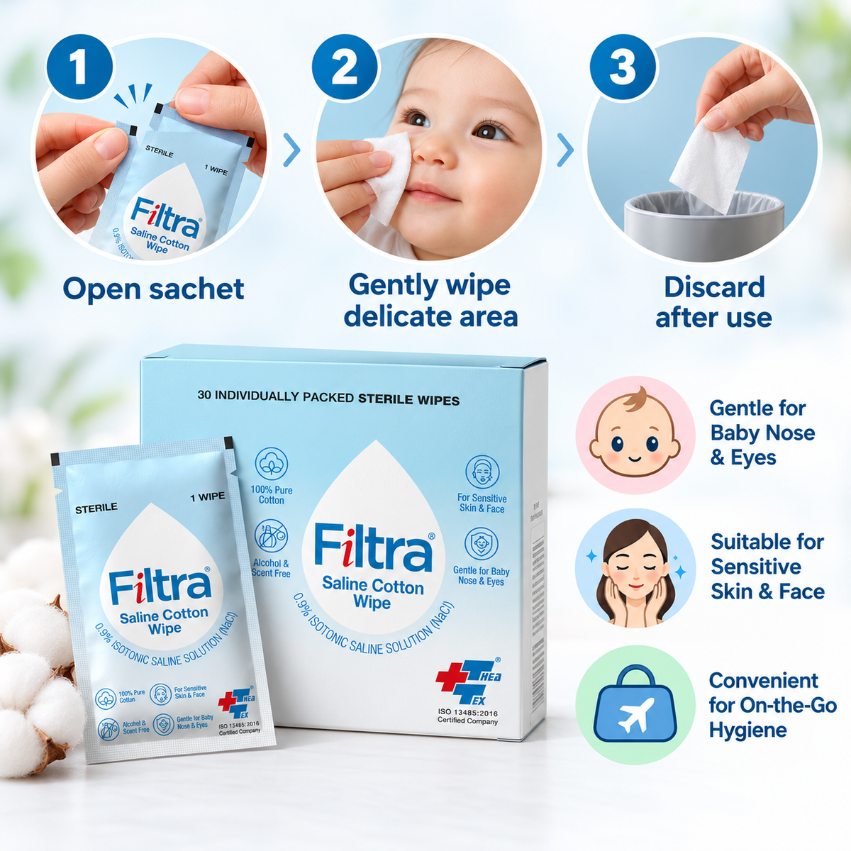 Sterile Saline Cotton Wipes-Box of 30 Single Sachets