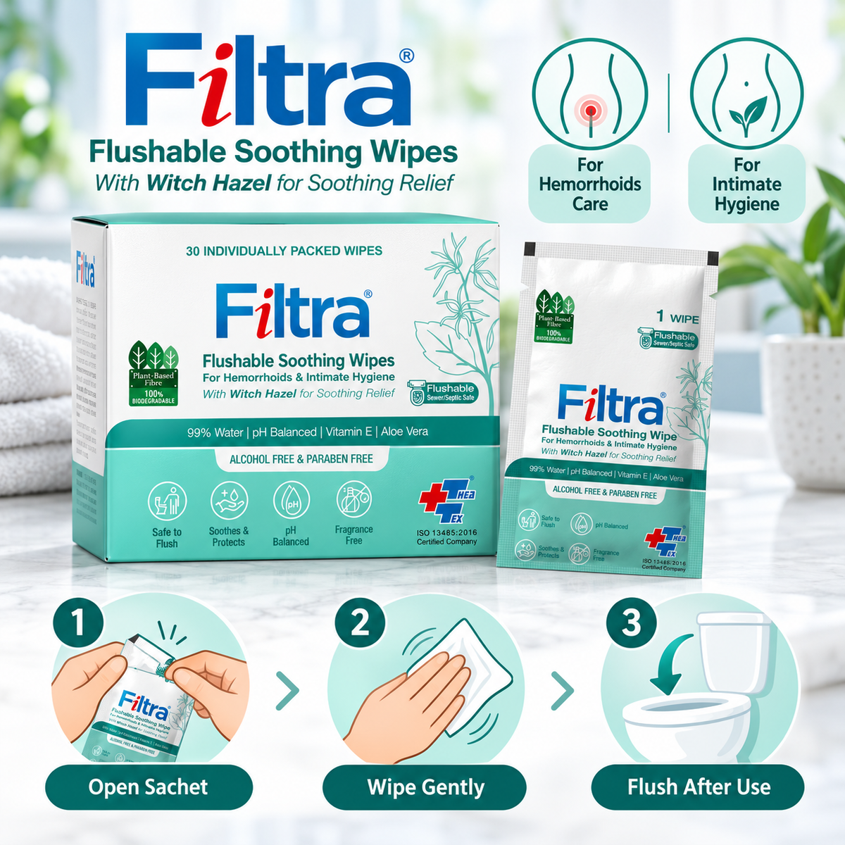 Flushable Soothing Wipes-Box of 30 Single Sachets