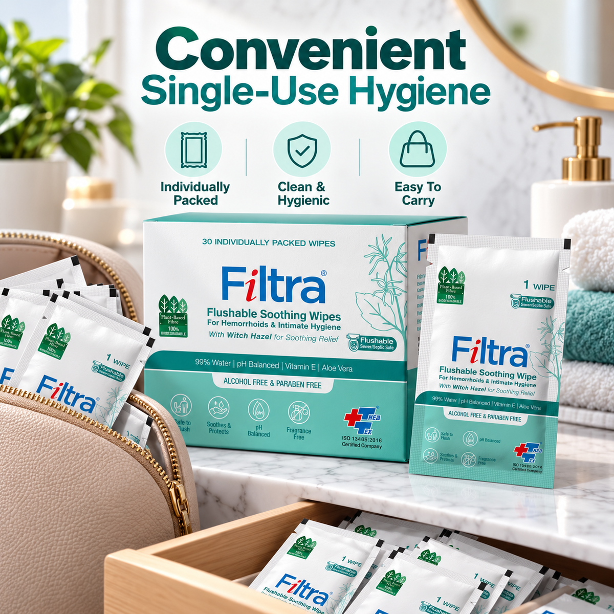 Flushable Soothing Wipes-Box of 30 Single Sachets