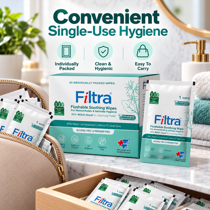 Flushable Soothing Wipes-Box of 30 Single Sachets