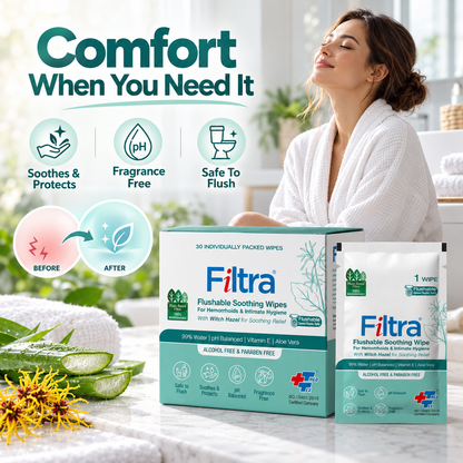 Flushable Soothing Wipes-Box of 30 Single Sachets
