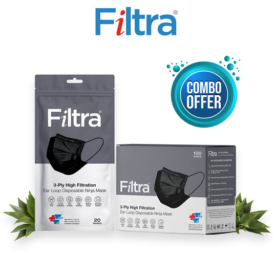 FILTRA® 3-Ply Ear Loop Surgical Mask | Black |Pouch of 20+Box of 100 Masks