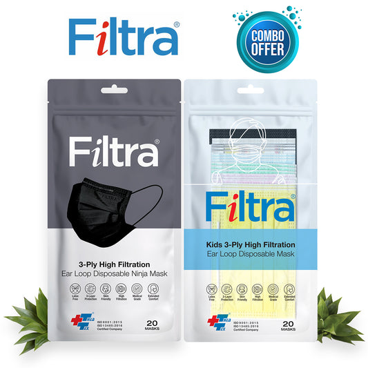 FILTRA® 3-Ply Ear Loop Surgical Mask | Adult+Kids | Black+Multi Colour |Pouch of 20 Masks