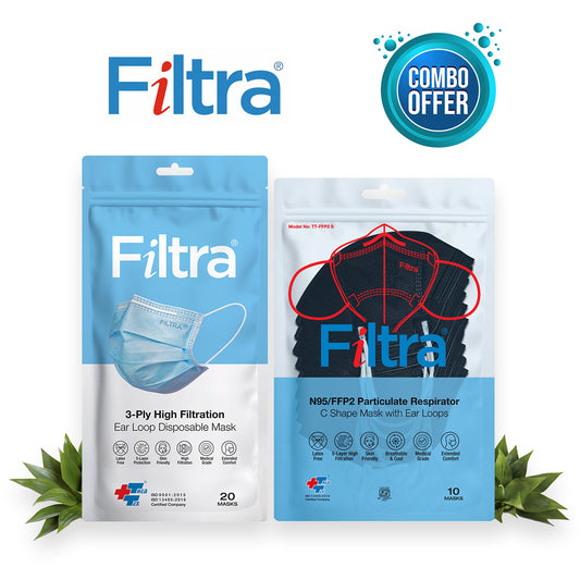 FILTRA® 3-Ply Ear Loop Surgical Mask & N95 Mask with Ear Loops | Blue+Black |Pouch of 20+Pouch of 10 Masks