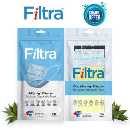 FILTRA® 3-Ply Ear Loop Surgical Mask | Adult+Kids | Blue+Multi Colour |Pouch of 20 Masks