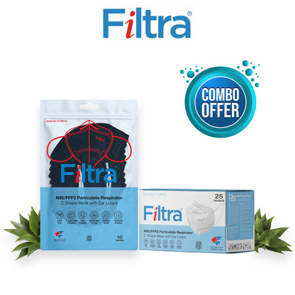 FILTRA® N95 Mask with Ear Loops | Black+White | Pouch of 10+Box of Box of 25 Masks